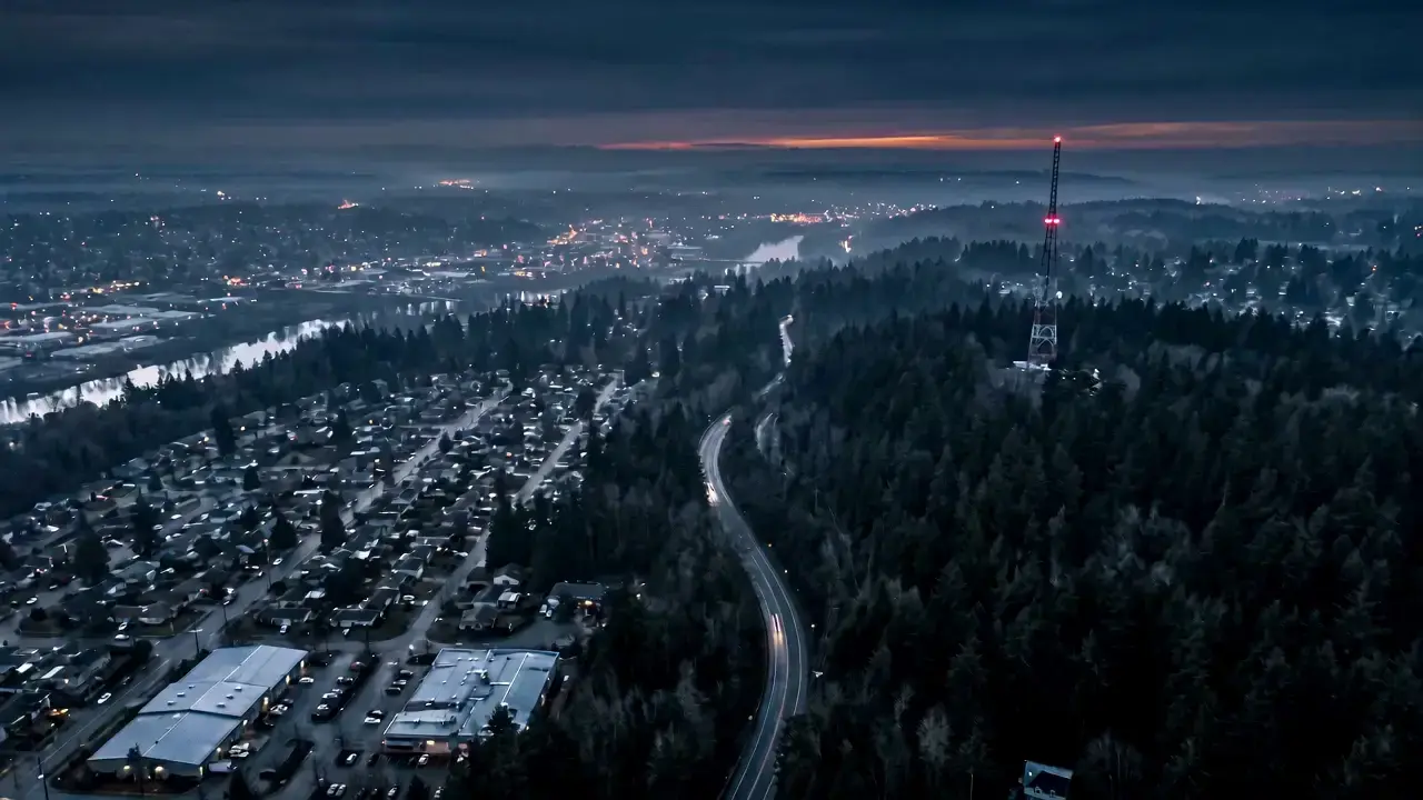 Aerial view of a city at dusk, seen from a drone beginning its descent