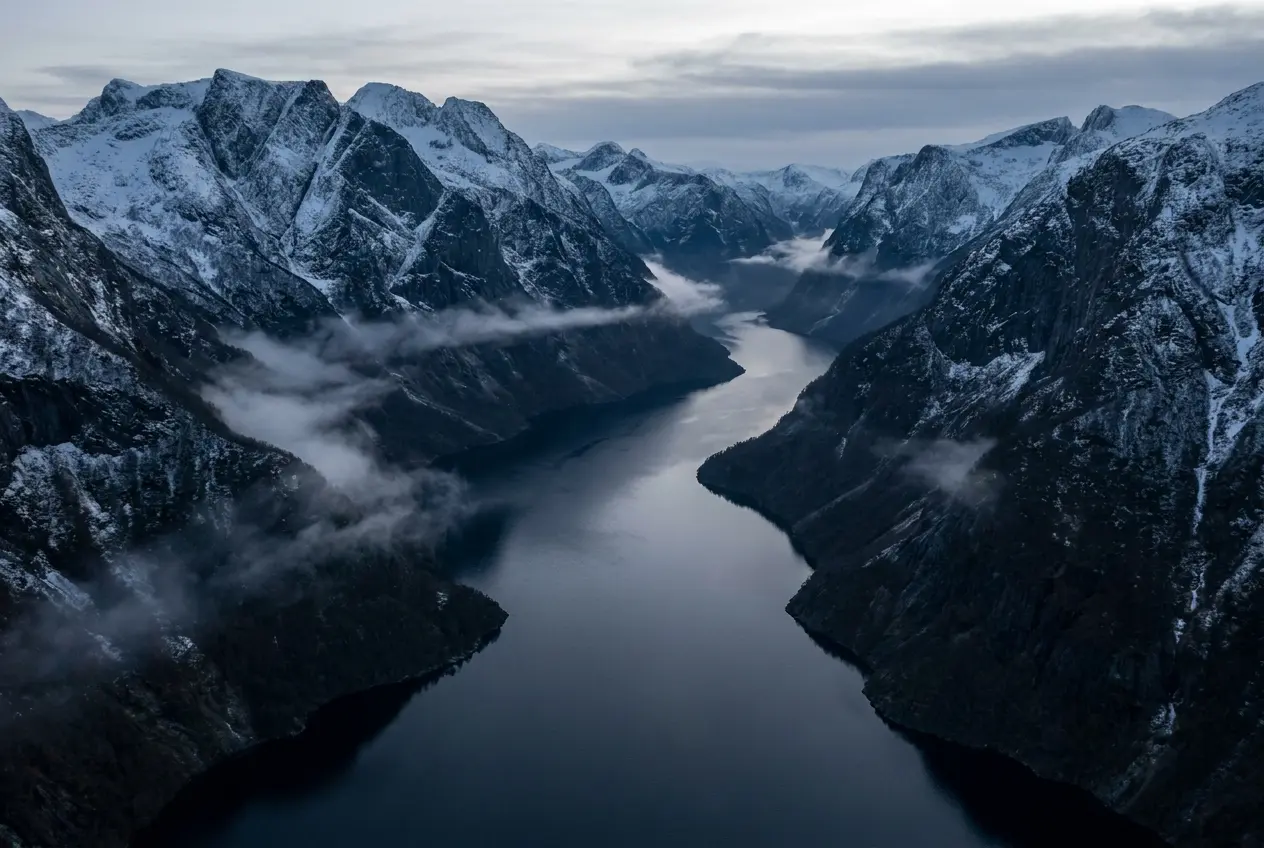 Mountain fjord at dusk photographed from the air