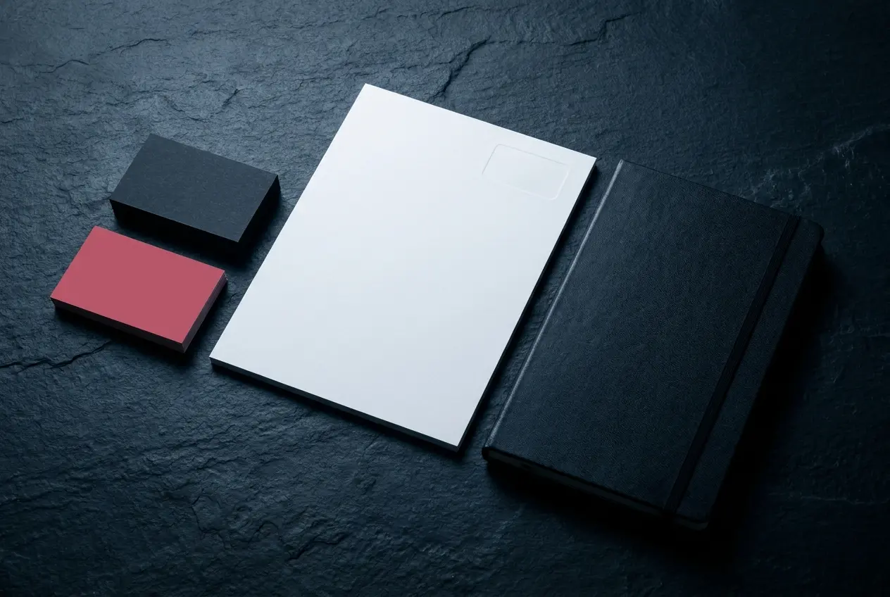 Black and white brand stationery on slate