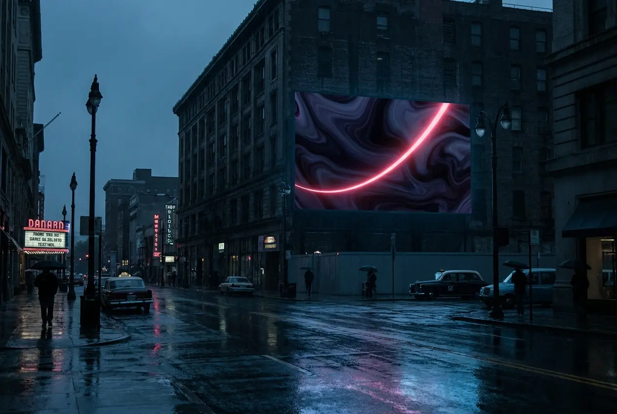 Billboard glowing over a wet night street