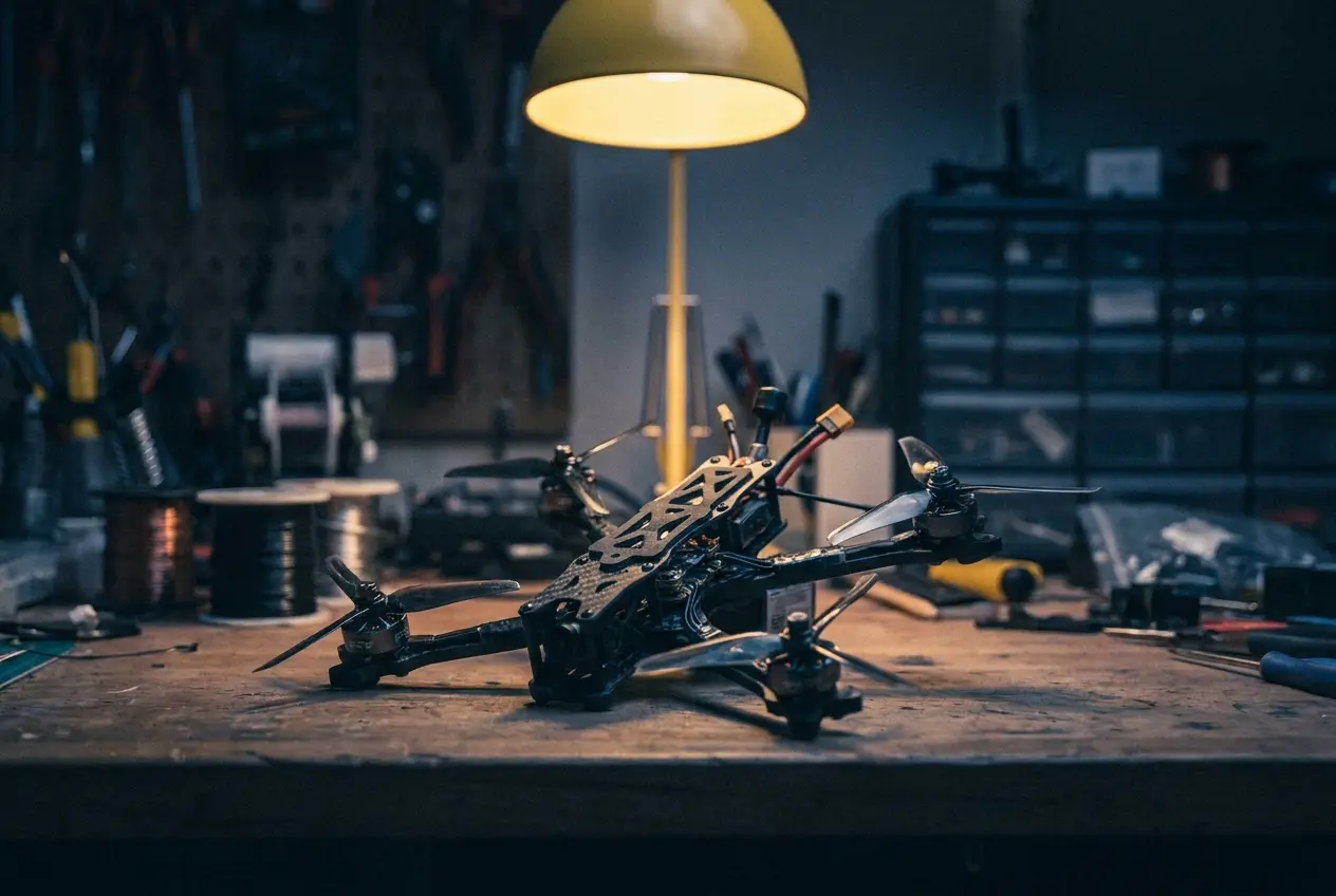 Carbon fiber FPV drone on a workbench