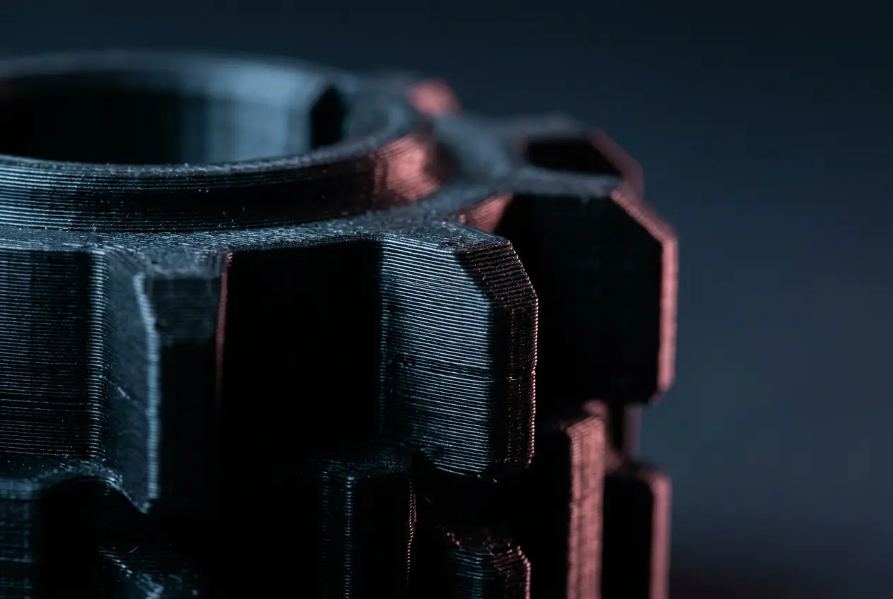 Matte black 3D printed part in raking light