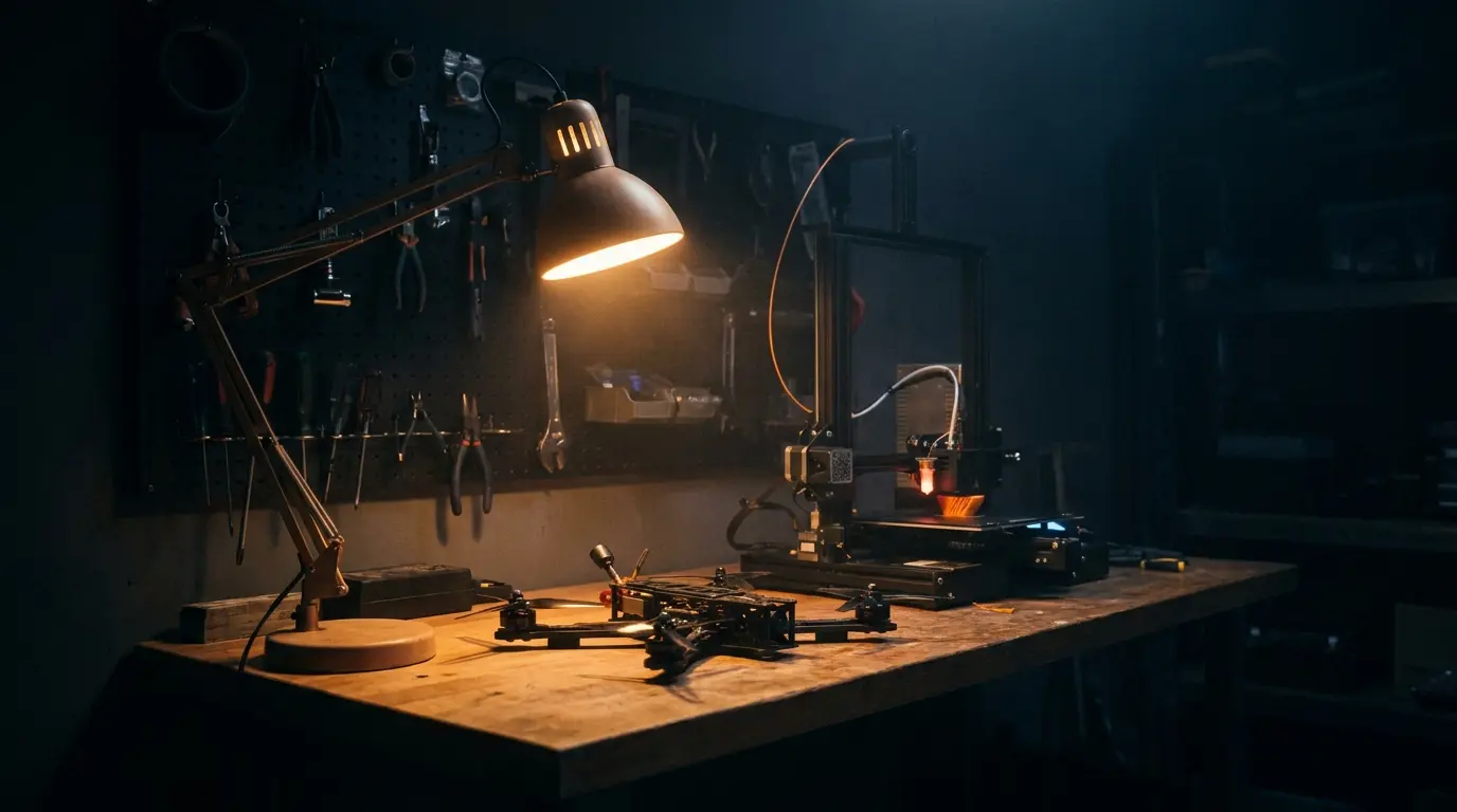 Workshop bench at night with a drone and a 3D printer under a task lamp